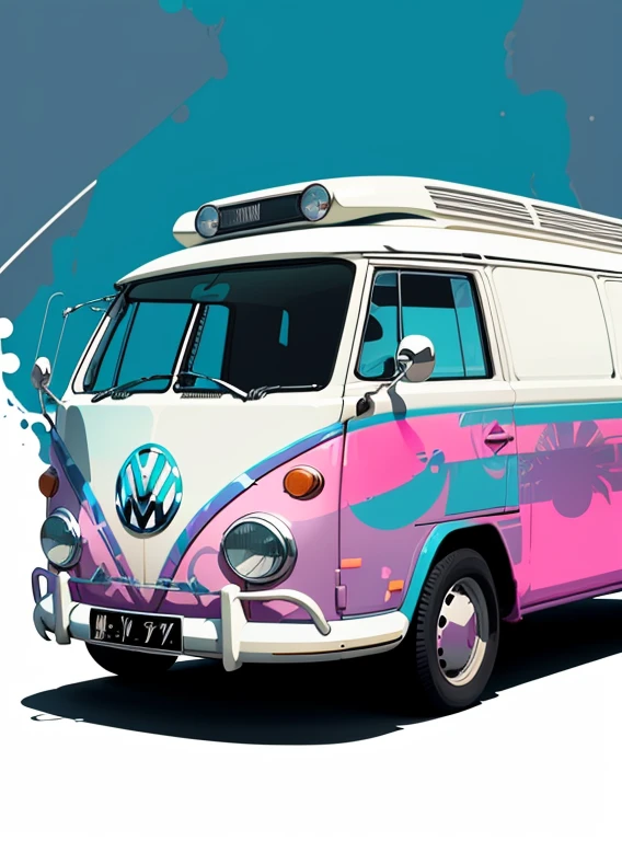 vector art, Colorful illustration with graffiti Volkswagen Kombi, in the center, pastel colors, paint splashes and blots, high detail, white background