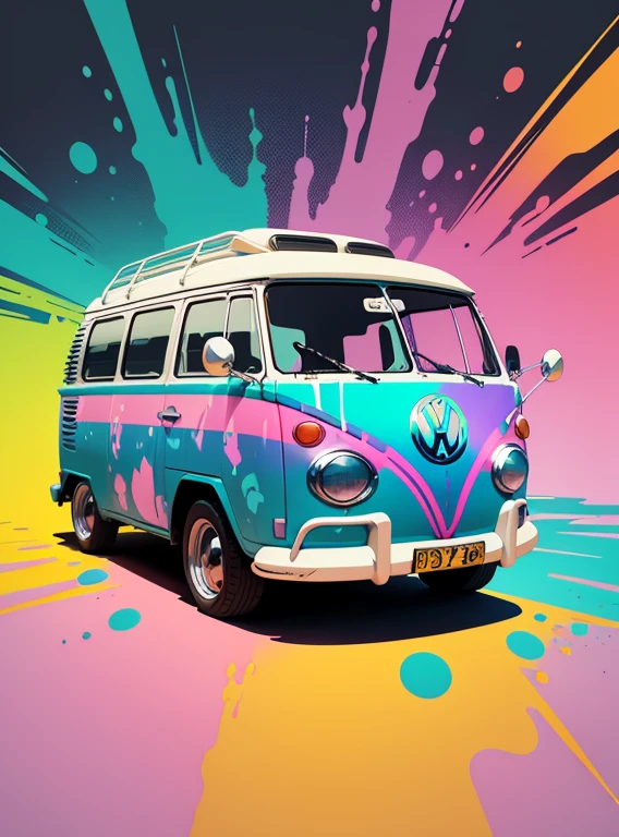 vector art, Colorful illustration with graffiti Volkswagen Kombi, in the center, pastel colors, paint splashes and blots, high detail, white background