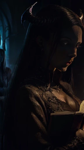 ((obra-prima)), ((melhor qualidade)), ((cinematic lighting): 1.0), ((medium close-up): 1.0)uma bruxa, cabelo branco, pale skin, olhos vermelhos, holding an open grimoire. ((Behind her, various demonic creatures look at the book, preparing to leave your hellish prison): 1.2), ((lots of demons around): 1.2)