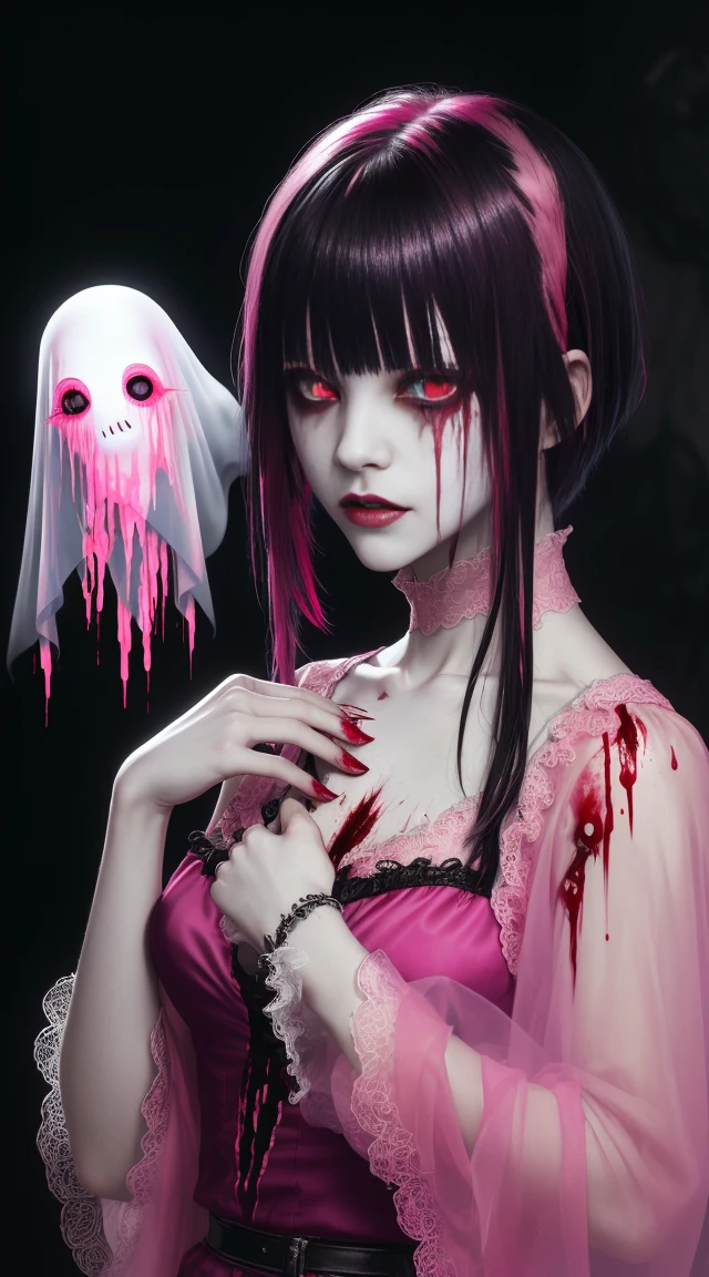 (masterpiece, best quality:1.2), cover image, splashed color background, highly detailed, colorful black, 1 girl, long silver hair, red eyes, blood on eye, head in the hand, short hair, blunt bangs, mannequin, cool face, ((( pink sexy ghost))), illustration, horror art, dread, creepy, blood, blood eyes, gore, pornography 