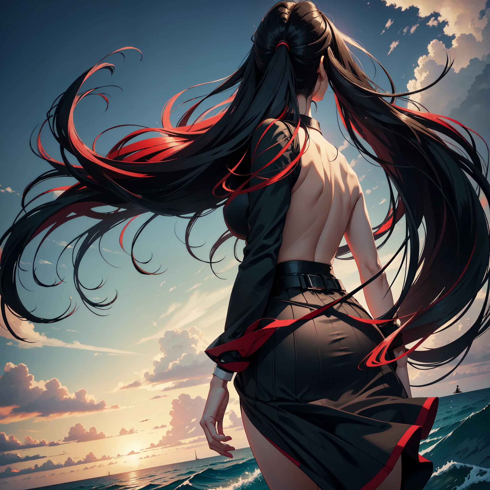 Digital art, photo realistic, hyper detailed, beautiful woman, 27 years old full height, running from the viewer, view from her back, horizon, red-black gradient long straight hair, dark-green eyes, sea background, black skirt, white shirt, red belt