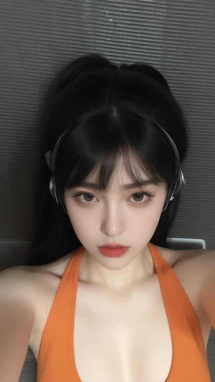 a close-up of a woman with headphones on her head, she parece uma mistura de sujeira, pale gothic beauty, ela tem cabelo preto com franja, very very pale white skin, very pale white skin, parece uma mistura de sujeira, 1 7 year old goth girl, with pale skin, her face looks like an orchid, black pink jennie