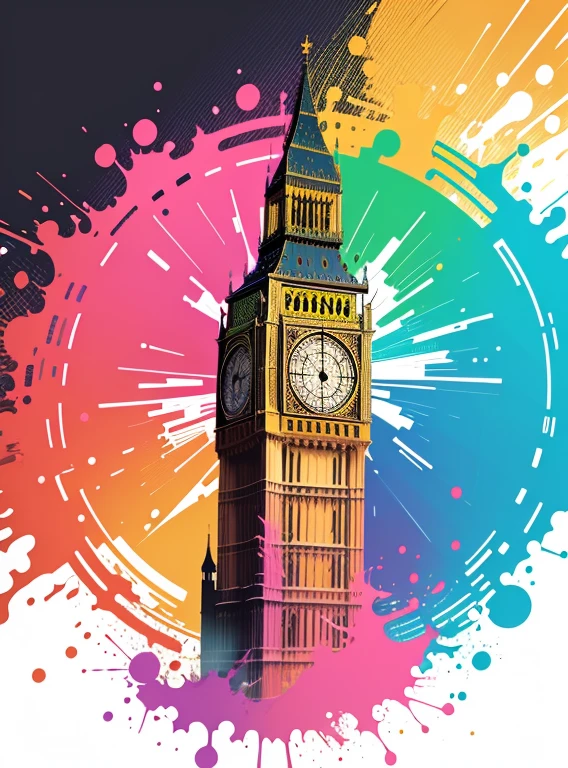 vector art, Colorful illustration with graffiti big ben, in the center, vibrant colors, paint splashes and blots, high detail, whitebackground