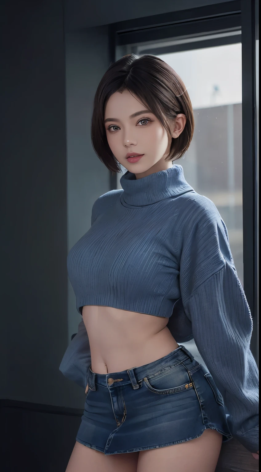 (masuter piece:1.3)、(8K、Photorealsitic、Raw photography、top-quality: 1.4)、(1girl in)、美丽的面容、(Lifelike face)、(A dark-haired、short-hair:1.3)、Beautiful hairstyle、realisticeyes、Beautiful details、(real looking skin)、Beautiful skins、(Sweaters)、absurderes、enticing、超A high resolution、A hyper-realistic、high-detail、the golden ratio、((open abdomen))、((Mid-Riff Sweater))、((Ultra-low rise、Denim Mini Skirt))、、((Navel Ejection))、