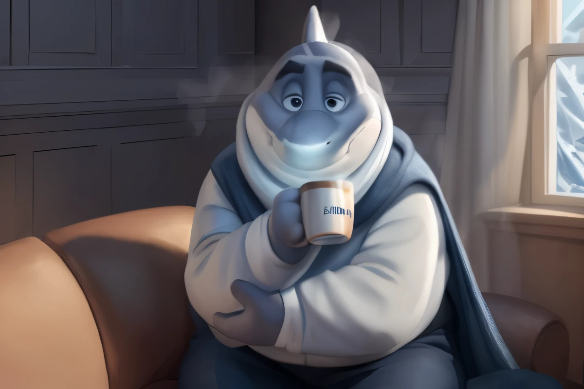mr shark, plump, fat, belly, black eyes, (pose:1.3), (posing:1.3), (soft shading), 4k, hi res, five fingers, detailed hands, ((detailed face, (detailed eyes:1.0), detailed)), (full body), by zackarry911, by zaush, (by personalami:0.5),  looking at viewer, shirt, 1boy, , male focus,((expression of cold)), s((haking with cold)), very cold. thick coat, thermal pants and thick wool socks. He holds a steaming mug in his hands. sitting on a couch in a house where everything is frozen, stalactites and ice cones coming down from the ceiling , giant head, huge head, big head
