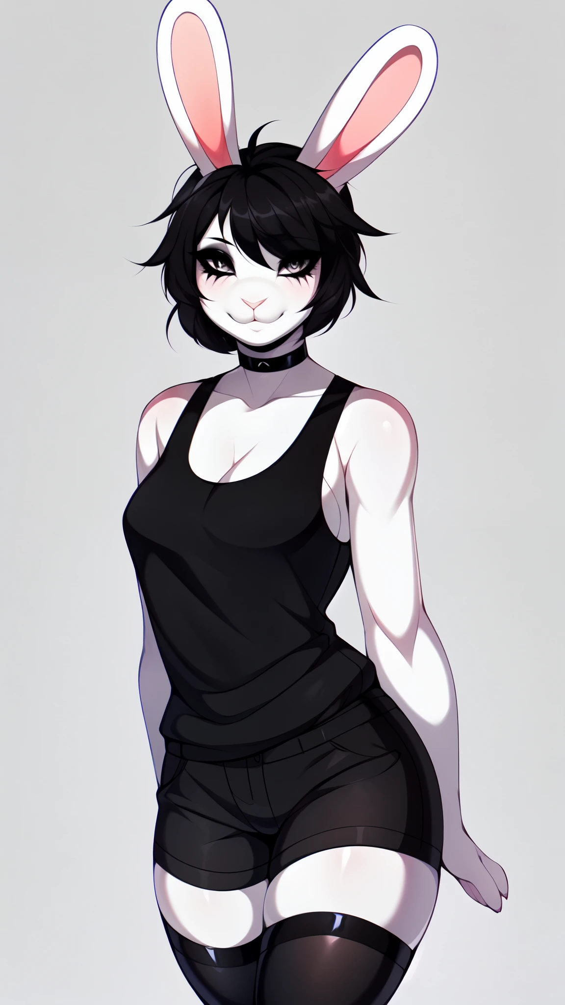 Solo:1.4, Sadie, anthro white lop rabbit girl, dark grey eyes, white sclera, floppy white rabbit ears, ears drooping down, flattened ears, sad ears, cute bunny nose, cute bunny face, medium breasts, black tank top, black shorts, short emo hair, hair covering one eye, mascara, black make up, smiling, trendy style clothes, standing, by fumiko, by hyattlen, white background, no background, portrait, ears fully in frame, full body shot, ears and feet fully in frame, far away shot