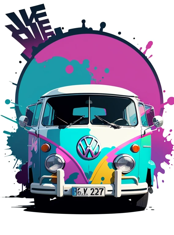 vector art, Colorful illustration with graffiti Volkswagen Kombi, in the center, vibrant colors, paint splashes and blots, high detail, white background