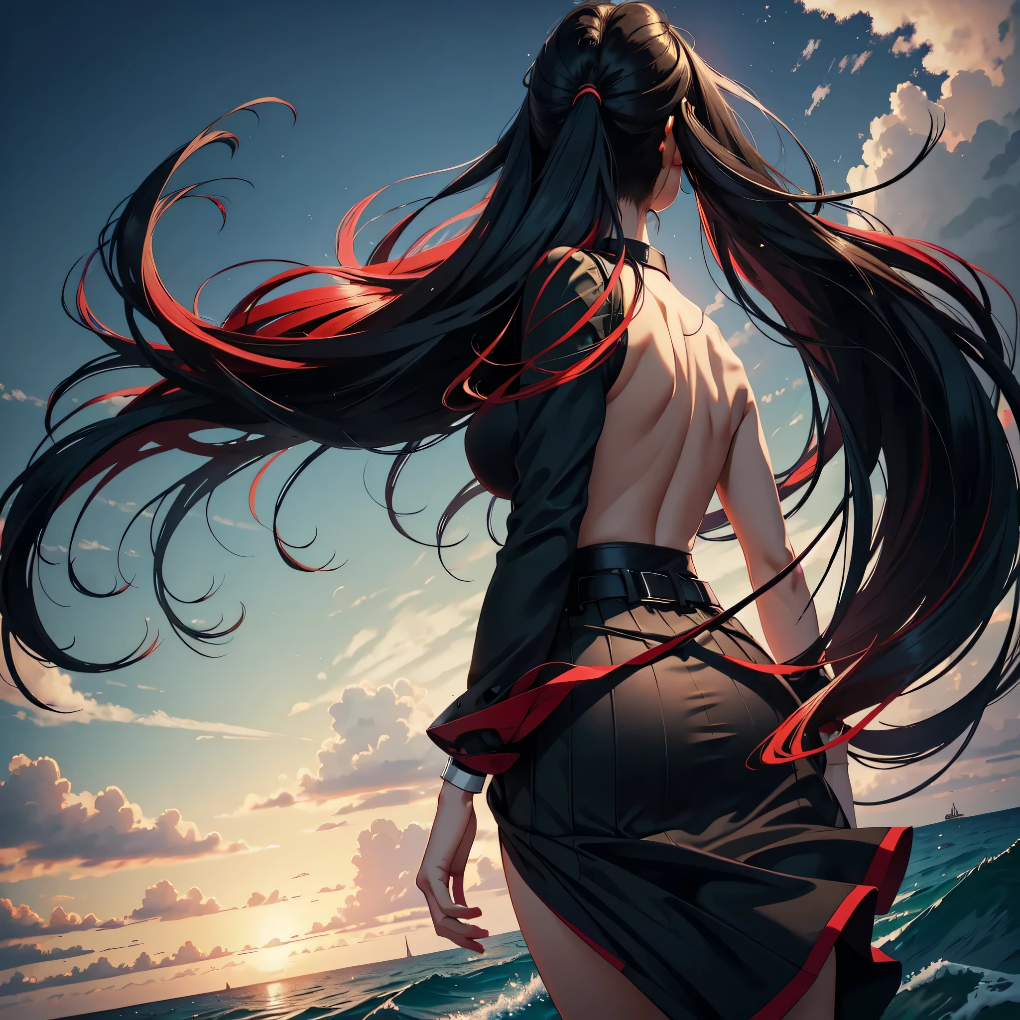 Digital art, photo realistic, hyper detailed, beautiful woman, 27 years old full height, running from the viewer, view from her back, horizon, red-black gradient long straight hair, dark-green eyes, sea background, black skirt, white shirt, red belt