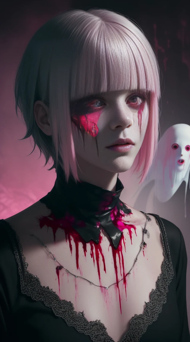 (masterpiece, best quality:1.2), cover image, splashed color background, highly detailed, colorful black, 1 girl, long silver hair, red eyes, blood on eye, head in the hand, short hair, blunt bangs, mannequin, cool face, ((( pink sexy ghost))), illustration, horror art, dread, creepy, blood, blood eyes, gore, pornography