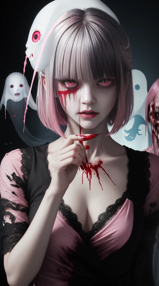 (masterpiece, best quality:1.2), cover image, splashed color background, highly detailed, colorful black, 1 girl, long silver hair, red eyes, blood on eye, head in the hand, short hair, blunt bangs, mannequin, cool face, ((( pink sexy ghost))), illustration, horror art, dread, creepy, blood, blood eyes, gore, pornography