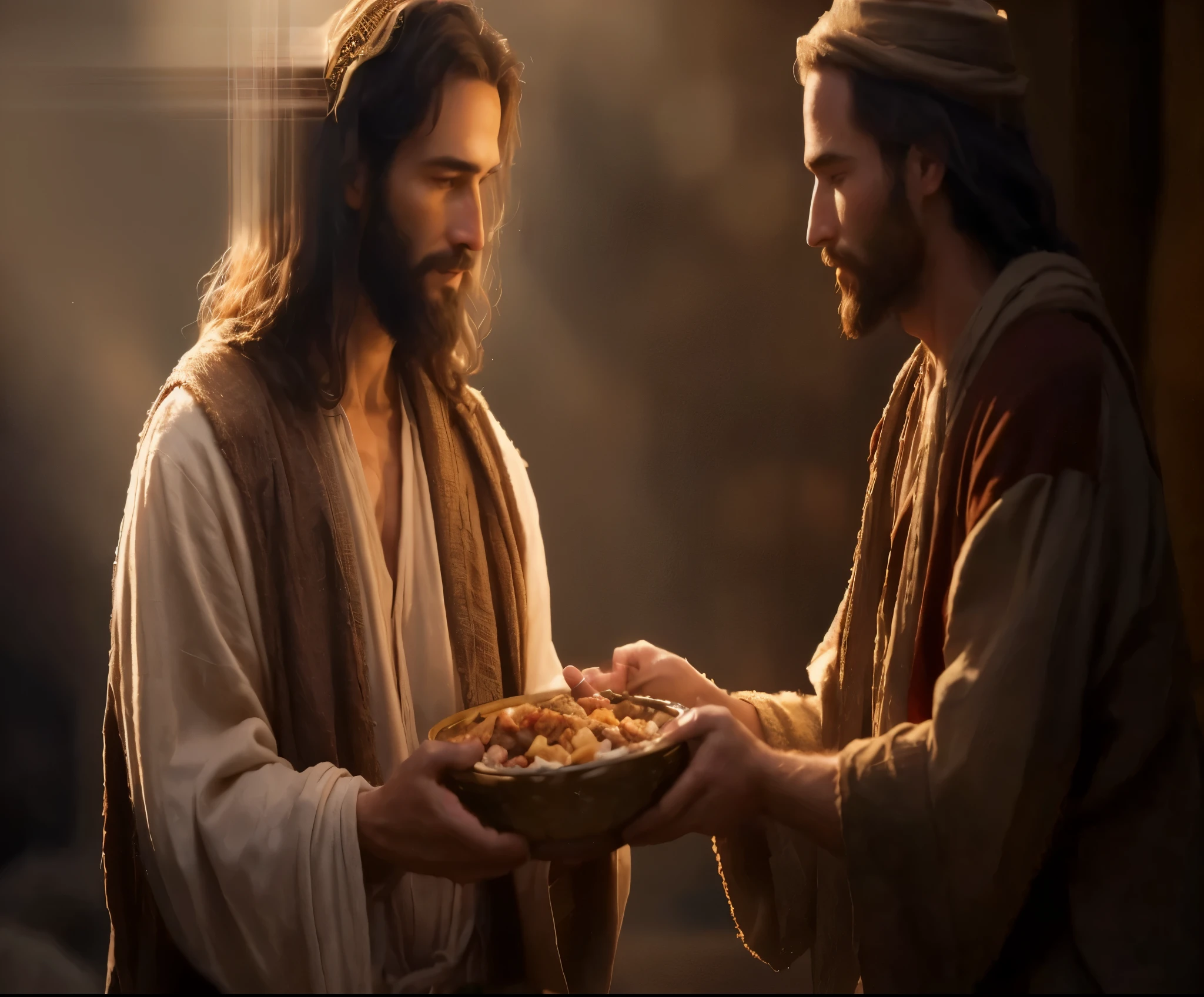 jesus is holding a bowl of food with a man in a robe, he has a treasure with him, the lord and savior, offering a plate of food, greg olsen, beautiful image ever created, jesus, dressed like jesus christ, jesus christ, by Jason Felix, nicodemus, joseph and joseph, bright light masterpiece, delicacy, biblical image