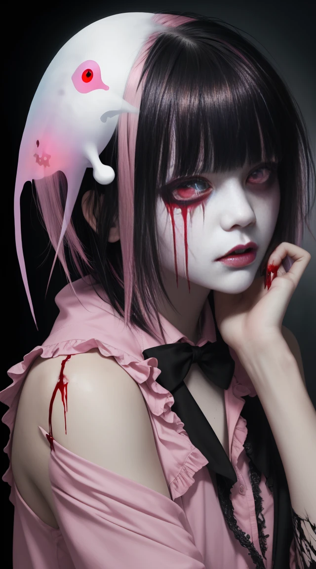 (masterpiece, best quality:1.2), cover image, splashed color background, highly detailed, colorful black, 1 girl, long silver hair, red eyes, blood on eye, head in the hand, short hair, blunt bangs, mannequin, cool face, ((( pink sexy ghost))), illustration, horror art, dread, creepy, blood, blood eyes, gore, pornography