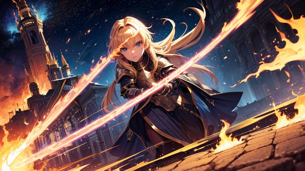 masterpiece,8k,best quality,ultra detailed,ultra highres, (((1 short haired Male Knight and 1 Female long haired Knight, Equip the shinning sword, eye contact))), break, (upper body shot), blonde hair,blue eye, straight hair, (flame:1.4), (Burning-Edge:1.4), (sunrise), (((Charming European cobblestone streets in a historic town))), (Shimmering Nightscapes), (Cosmic Whirl:1.2), (((Heroic pose))),(((speed lines:1.4))),(((run:1.2)))