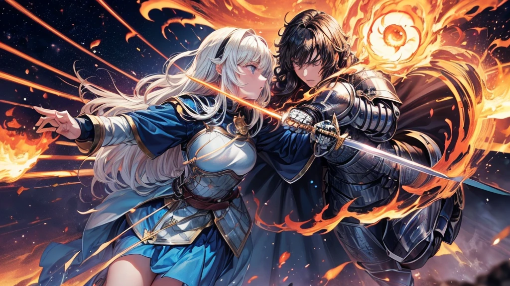 masterpiece,8k,best quality,ultra detailed,ultra highres, (((1 short haired Male Knight and 1 Female long haired Knight, Equip the shinning sword, eye contact))), break, (upper body shot), blonde hair,blue eye, straight hair, (flame:1.4), (Burning-Edge:1.4), (sunrise), (((Charming European cobblestone streets in a historic town))), (Shimmering Nightscapes), (Cosmic Whirl:1.2), (((Heroic pose))),(((speed lines:1.4))),(((run:1.2)))