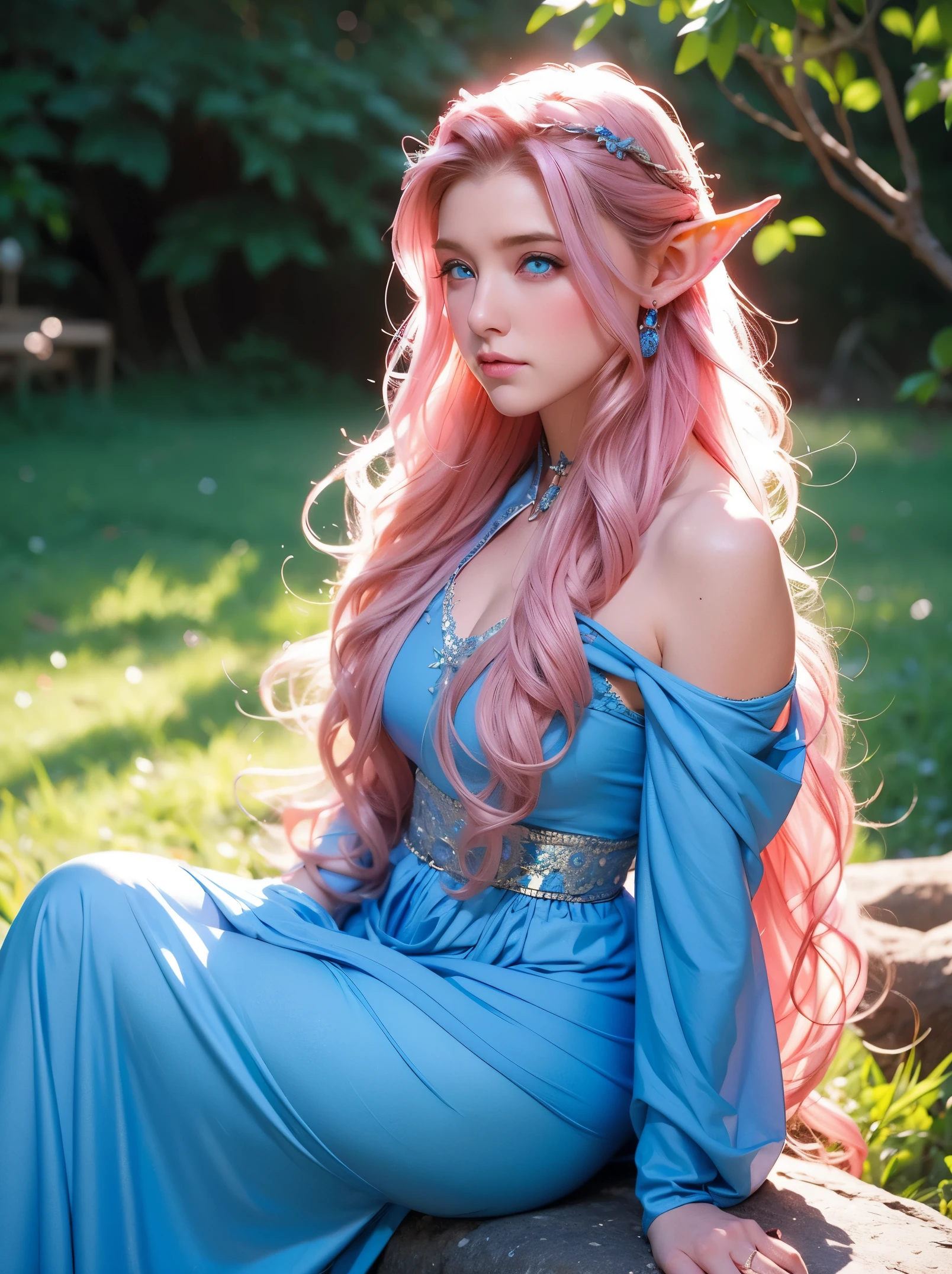 Elf, woman, long curly hair, pink hair, blue eyes, blue dress, shiny earrings, medieval background , Thick thighs,Elven ears, highlighted blue eyes 