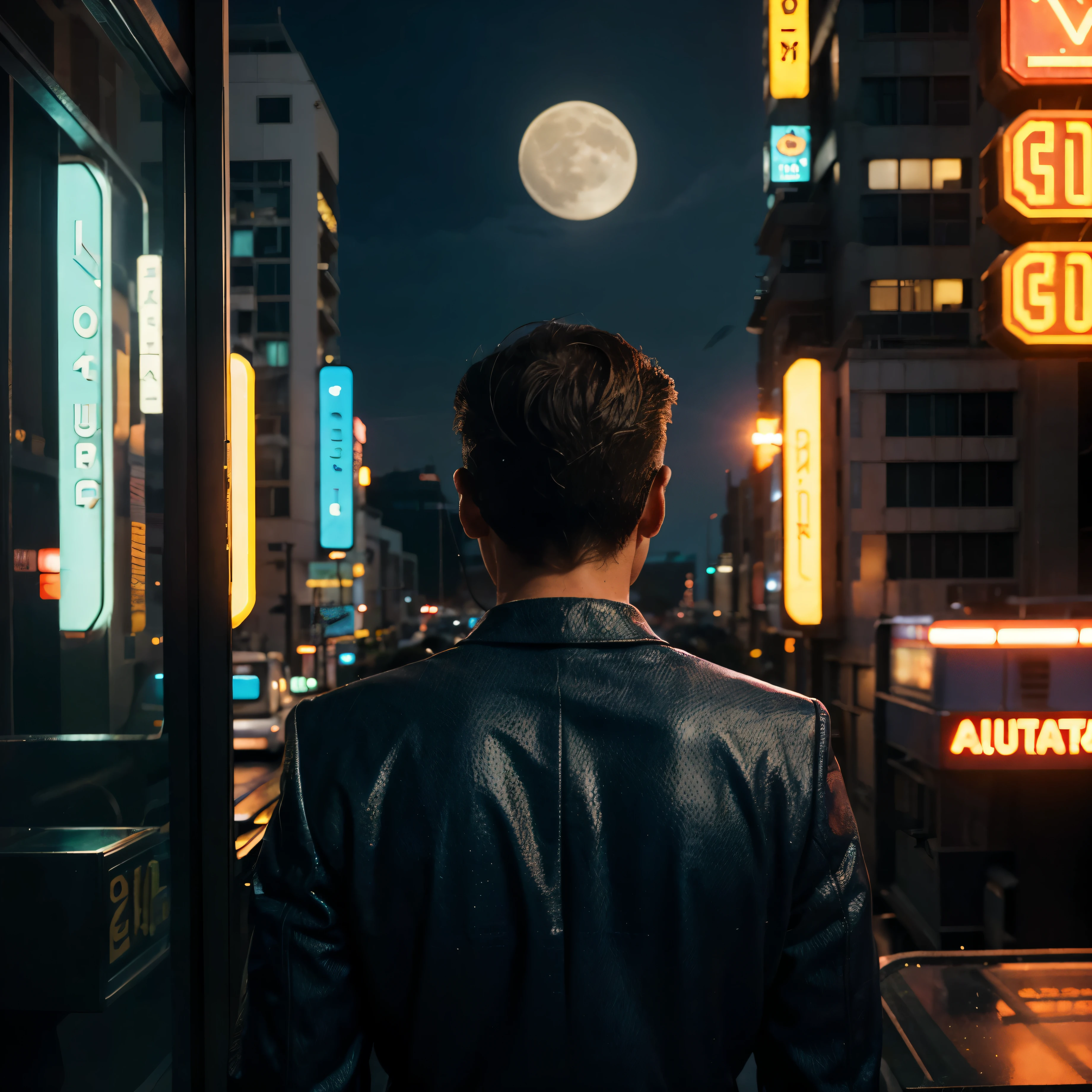 4k image from a 1960s science fiction film by Wes Anderson, Filme O Grande Hotel Budapeste, pastels colors, an big city with neon colors, at night through a window, big city retro futuristic neon, blade runner style, Retro-futuristic from the 60s with old robots, Luz Natural, Psicodelia, futurista estranho, retro-futurista, photo-realistic, Sharp background details, solitude, sadness, lonely man. big moon, man from back closeup