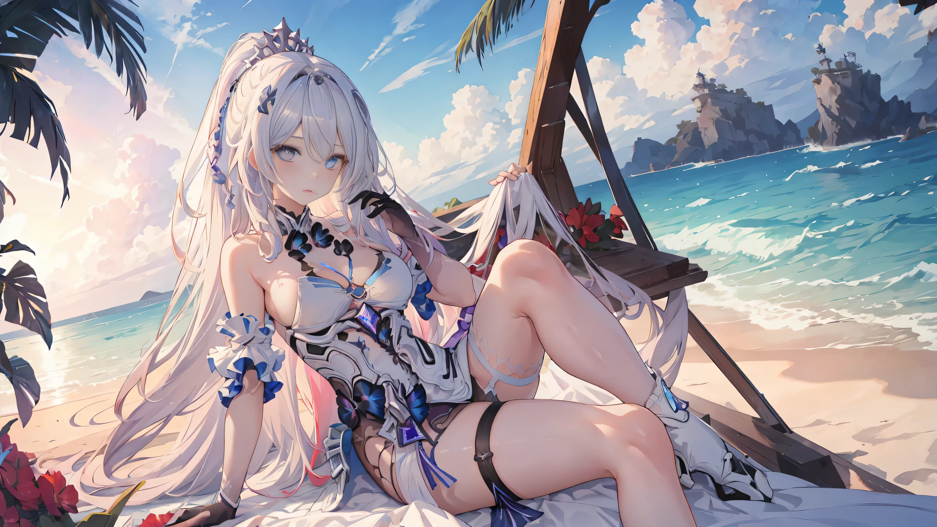 1girl, solo, full body, (best quality,8k,highres,masterpiece:1.2),ultra-detailed,(anime), Herrscher of Finality, Kiana \ (Honkai Impact 3)extremely long white hair, blue eyes, solo, extremely detailed facial features, beautiful detailed eyes, cute, look at viewer, NSFW, Nude, erotic pose, big breast, thicc thighs, beach background