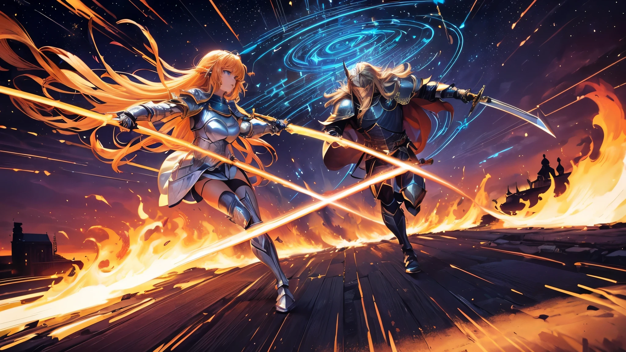 masterpiece,8k,best quality,ultra detailed,ultra highres, (((1 short haired Male Knight and 1 Female long haired Knight, Equip the shinning sword, eye contact))), break, (upper body shot), blonde hair,blue eye, straight hair, (flame:1.4), (Burning-Edge:1.4), (sunrise), (((Charming European cobblestone streets in a historic town))), (Shimmering Nightscapes), (Cosmic Whirl:1.2), (((Heroic pose))),(((speed lines:1.4))),(((run:1.2)))