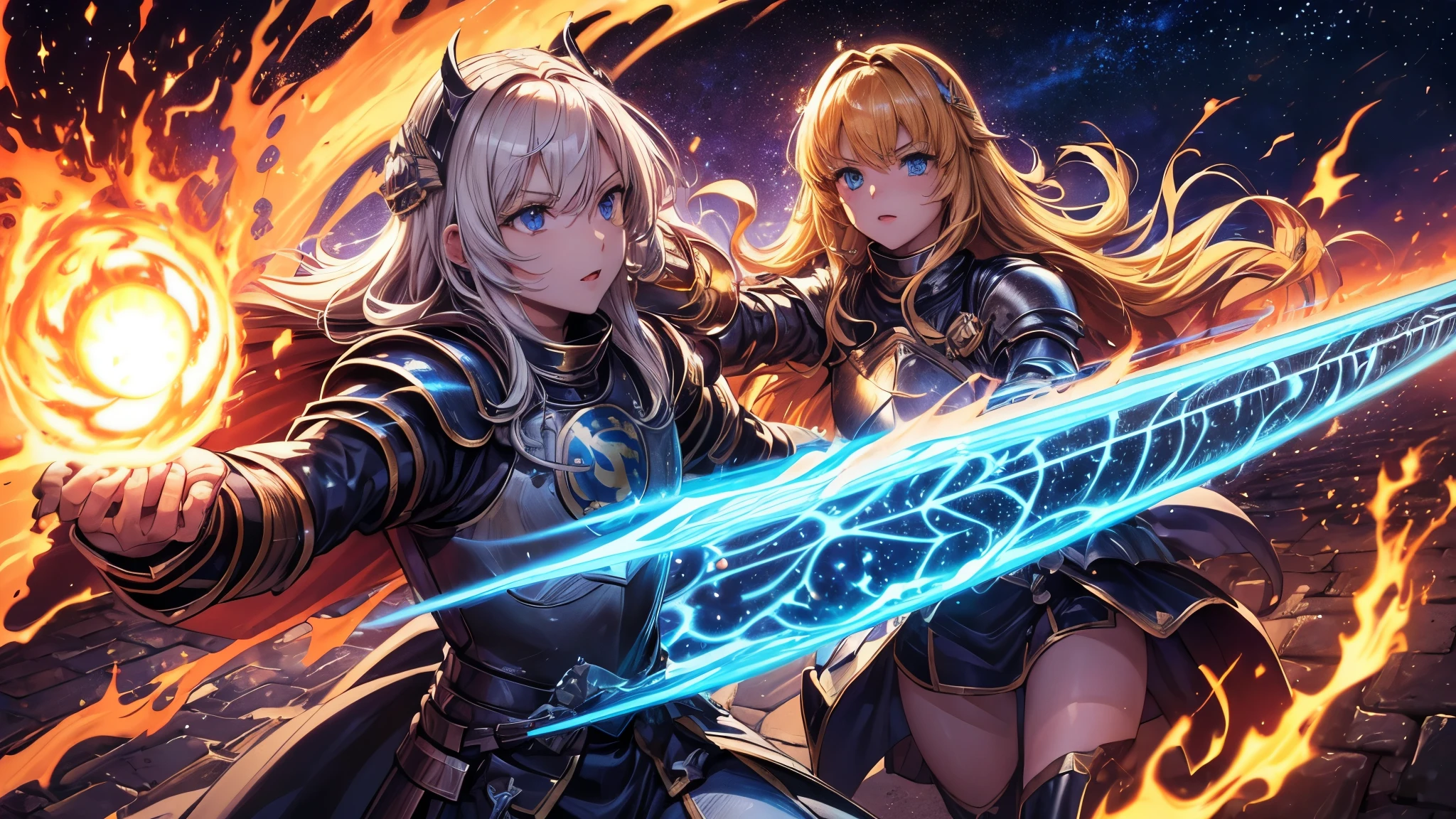 The girls on both sides are attacking each other with magic, one with lightning magic and the other with fire magic.