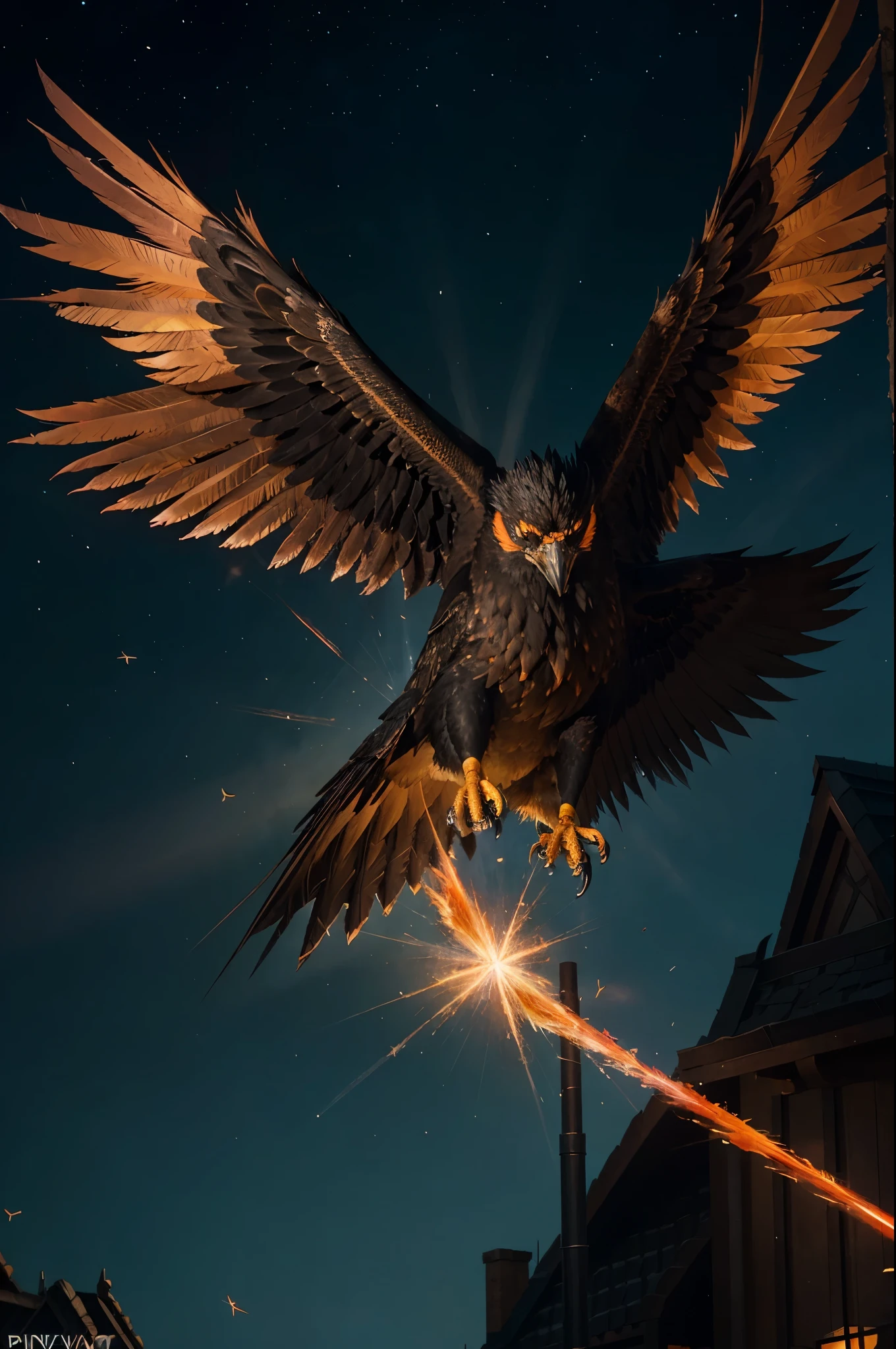 inspired by blackwing, black eagle warlord, cocky, official art, aura of wind, yugioh art style, pidgey, fan art, Skylight at night, floating particles, sparks, surrounded by red ray casting spell, orange synchro summon rings, Taking Flight
