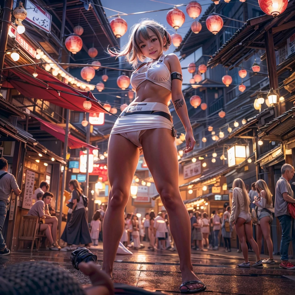 ((NSFW:-0.95)), (((nipple:-0.9))), ((Acutance:0.85)), (((from below)), The Sky takes up more than third of the composition ) . The background is the downtown area at (Twilight:1.4), (((Red-dyed clouds above hed:1.3))), { (many colorful Lights:1.2) | lens flare | Burning | heyz | (luminous Particles) | Mystic sight } . (Masterpiece:1.2) of professional Analog photo with Hasselblad, (((realistic and photorealistic with touch of rawness:1.37))), physically-based 3D rendering with ultra-detailed. ((( A KAWAII girl in WHITE Fundoshi, at Hakata Gion Ymakasa Festival ))) . (((from below:1.2, bokeH))), Assfocus and she looking ahead .