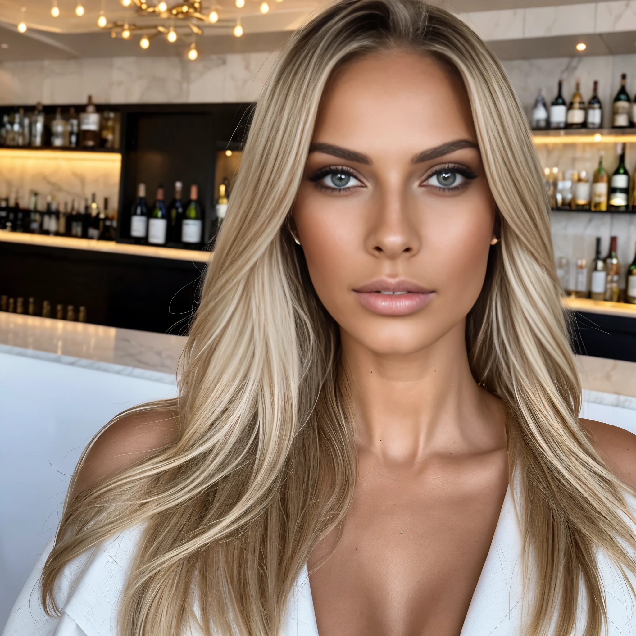 seed 3258700984 at the luxury bar, she drinks champagne, white girl, make her skin lighter, big full lips, beauty style 2023, she is 23 year old instagram influencer, blond hair