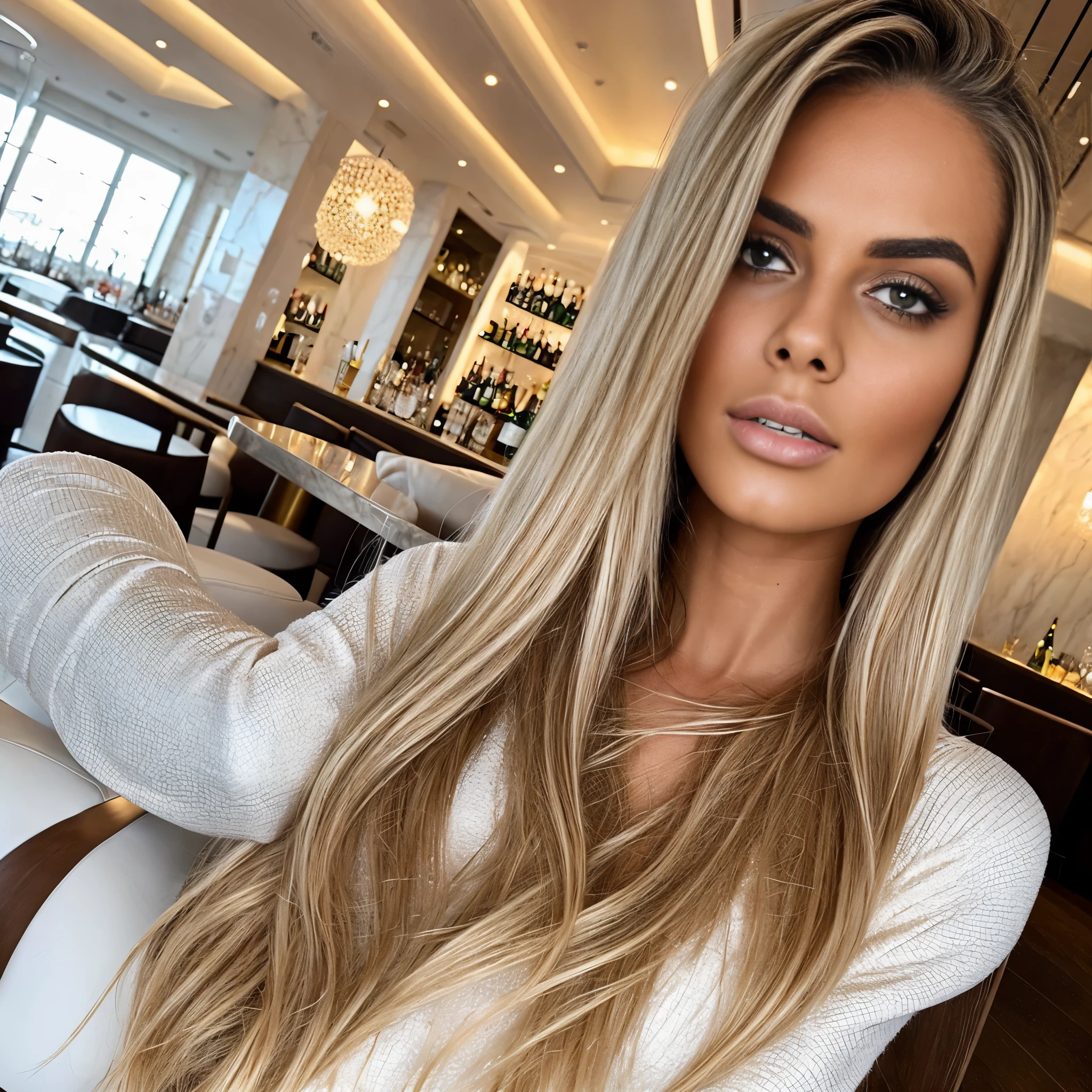 seed 3258700984 at the luxury bar, she drinks champagne, white girl, make her skin lighter, big full lips, beauty style 2023, she is 23 year old instagram influencer, blond hair