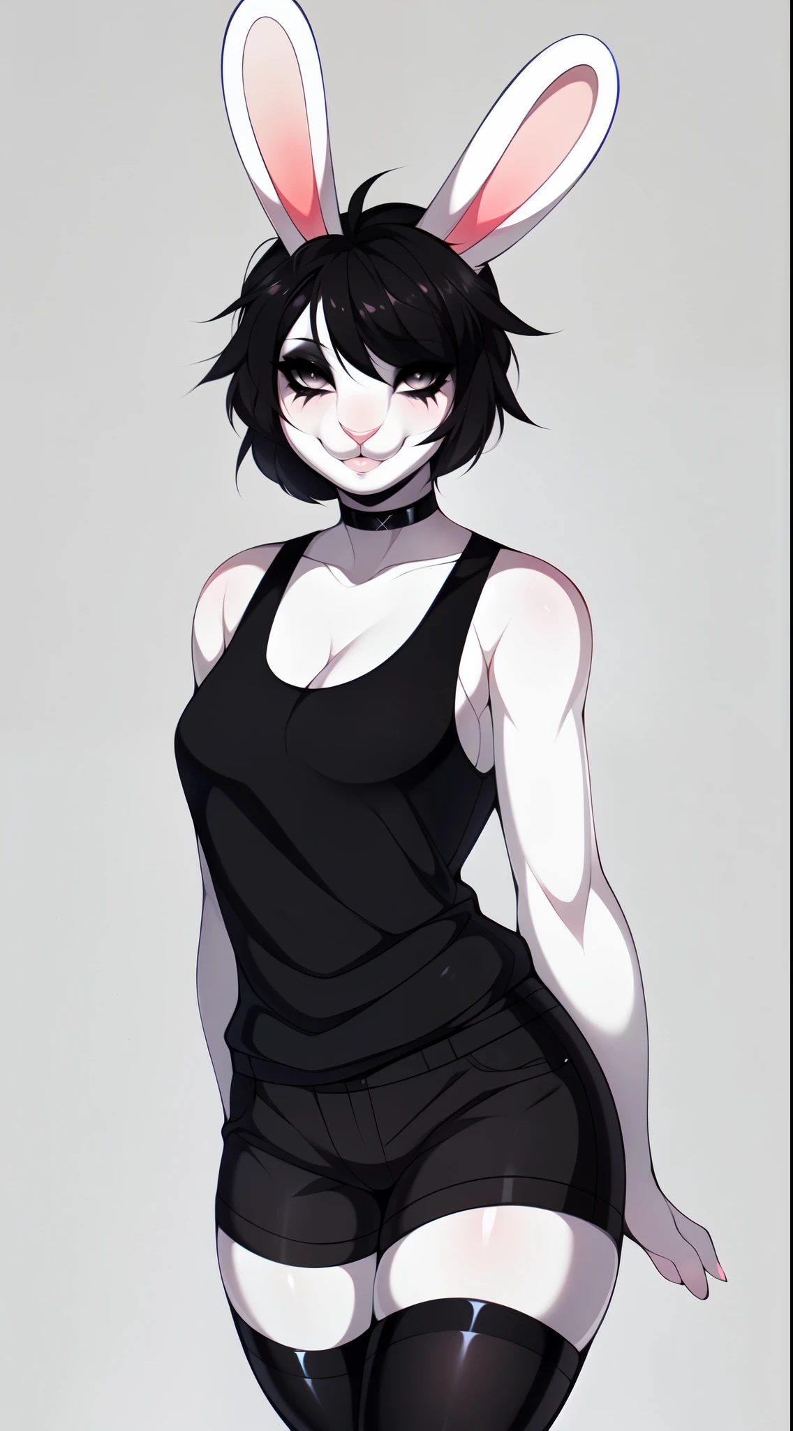 Solo:1.4, Sadie, anthro white lop rabbit girl, dark grey eyes, white sclera, floppy white rabbit ears, ears drooping down, flattened ears, sad ears, cute bunny nose, cute bunny face, medium breasts, black tank top, black shorts, short emo hair, hair covering one eye, mascara, black make up, smiling, trendy style clothes, standing, by fumiko, by hyattlen, white background, no background, portrait, ears fully in frame, full body shot, ears and feet fully in frame, far away shot