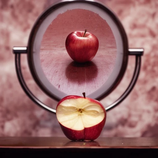 there is a red apple that is half eaten and half eaten, mirroring, with a mirror, looking in mirror at perfect apple, realistic reflection, alternative reality mirrors, looking in the mirror, mirror reflection, looking into a mirror, looking in a mirror, angry at mirror, transformation, centered in picture, with apple, inspired by Igor Morski, incredible detalization
