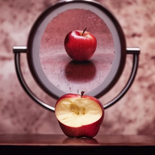 there is a red apple that is half eaten and half eaten, mirroring, with a mirror, looking in mirror at perfect apple, realistic reflection, alternative reality mirrors, looking in the mirror, mirror reflection, looking into a mirror, looking in a mirror, angry at mirror, transformation, centered in picture, with apple, inspired by Igor Morski, incredible detalization