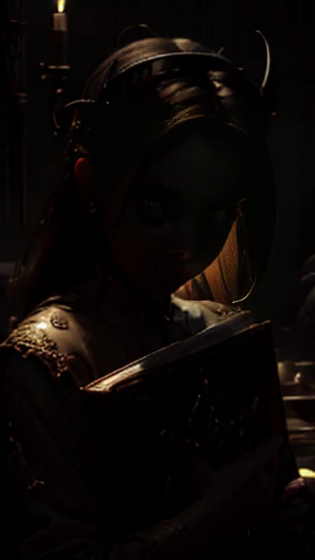((obra-prima)), ((melhor qualidade)), ((cinematic lighting): 1.0), ((medium close-up): 1.0)uma bruxa, (cabelo branco: 1.0), pale skin, olhos vermelhos, holding an open grimoire. ((Behind her, various demonic creatures look at the book, preparing to leave your hellish prison): 1.2), ((lots of demons around): 1.2)