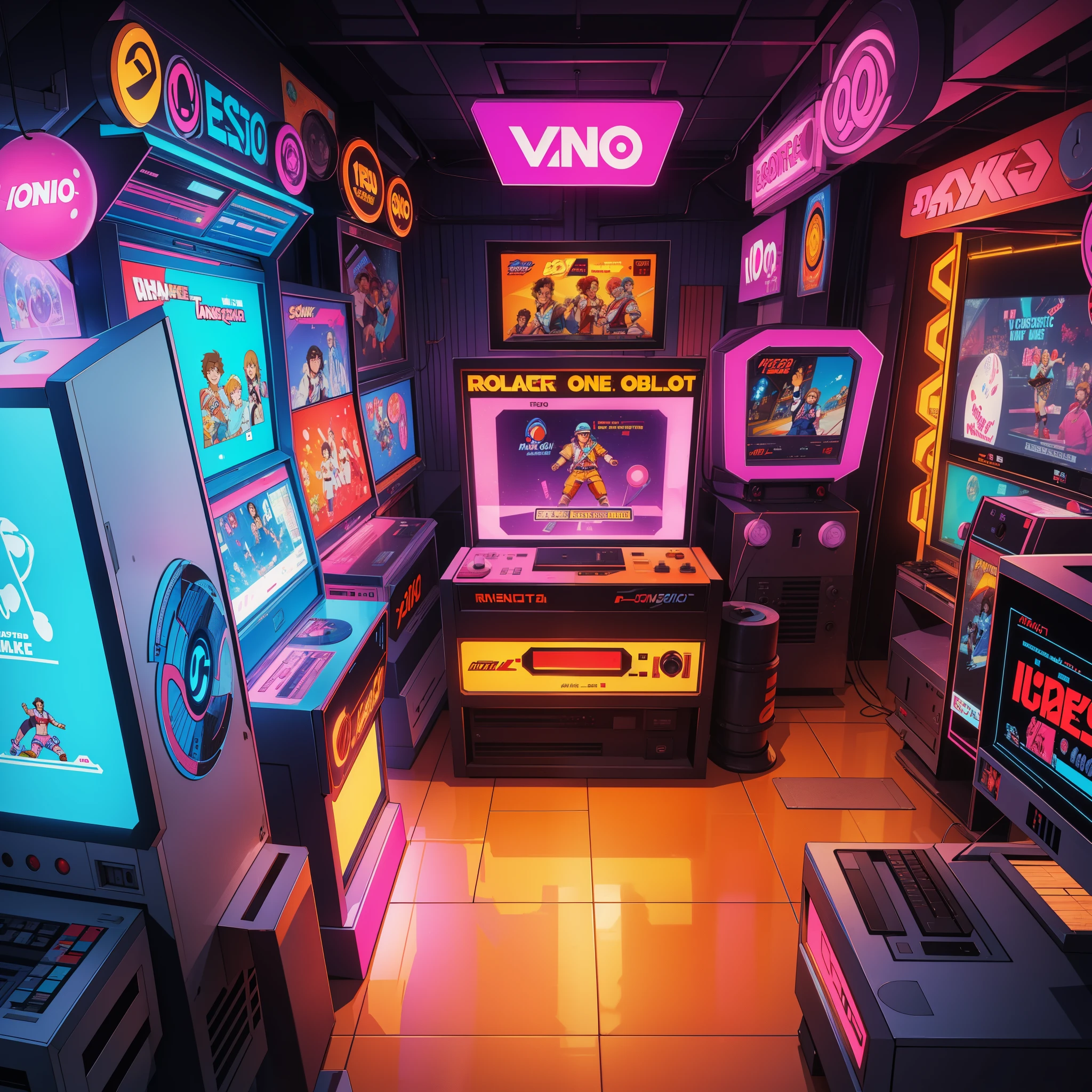 A transverse isometric arcade game, 80's video store, sonico, blockbuster, jogo dos anos 1980, nostalgic and cool showing a single machine