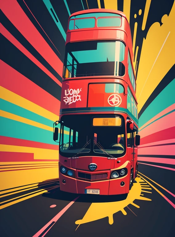 vector art, Colorful illustration with graffiti london red bus, in the center, vibrant colors, paint splashes and blots, high detail, whitebackground