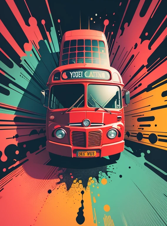 vector art, Colorful illustration with graffiti london red bus, in the center, vibrant colors, paint splashes and blots, high detail, whitebackground