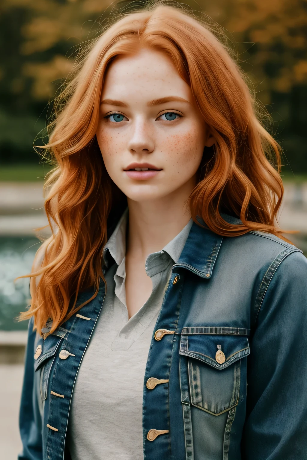 1girl in, age19, Solo, Aesthetic artwork, irish redhead, wavy ginger hair, shoulder length ginger hair, (gray eyes), light grey eyes, some small freckles, pale skin, A-cup, small breasts, runners body, detailed skin texture, in a city park, standing by a fountain, close up, looking at viewer, (extremely detailed 8k wallpaper), soft lighting, high quality, film grain, Fujifilm XT3 sharp focus, f 5.6, 50mm, High Detail, Sharp focus,(natural light), (wearing a navy blue khaki jacket), khaki jacket, (wearing faded blue jeans), crazy details, complex details, hyper detailed