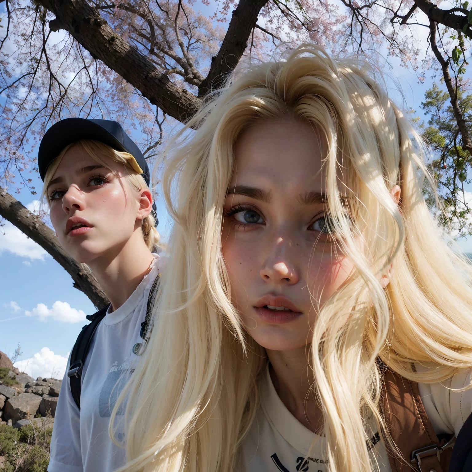 un primer plano de una persona con cabello largo y rubio y una mochila, ava max, Petra Collins y MC. escher, parece una mezcla de mugre, Dasha Taran, she parece una mezcla de mugre, retrato de kim petras, parece una mezcla de mugre, al estilo de petra collins, extremely pale blonde hair, su cabello es blanco, pelo albino