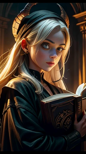 ((obra-prima)), ((melhor qualidade)), ((cinematic lighting): 1.0), ((medium close-up): 1.0)uma bruxa, (cabelo branco: 1.0), pale skin, olhos vermelhos, holding an open grimoire. ((Behind her, various demonic creatures look at the book, preparing to leave your hellish prison): 1.2), ((lots of demons around): 1.2)