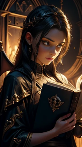 ((obra-prima)), ((melhor qualidade)), ((cinematic lighting): 1.0), ((medium close-up): 1.0)uma bruxa, (cabelo branco: 1.0), pale skin, olhos vermelhos, holding an open grimoire. ((Behind her, various demonic creatures look at the book, preparing to leave your hellish prison): 1.2), ((lots of demons around): 1.2)