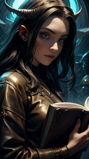 ((obra-prima)), ((melhor qualidade)), ((cinematic lighting): 1.0), ((medium close-up): 1.0)uma bruxa, (cabelo branco: 1.0), pale skin, olhos vermelhos, holding an open grimoire. ((Behind her, various demonic creatures look at the book, preparing to leave your hellish prison): 1.2), ((lots of demons around): 1.2)