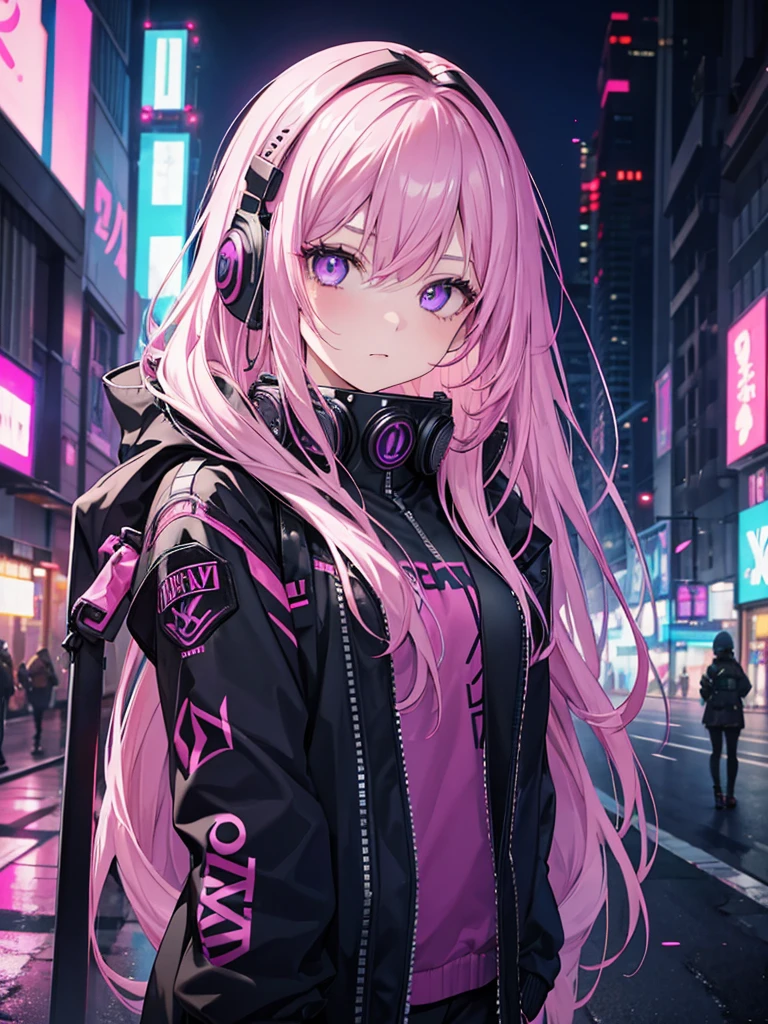 1girl, Pink hair, long hair, techwear masterpiece, bestquality, realistic, realism, dark purple jacket, portrait, detailed eyes, wearing headset, platinum hair, 21 year old girl, fashion pose, half body, wide shoot, on the street, cyberpunk