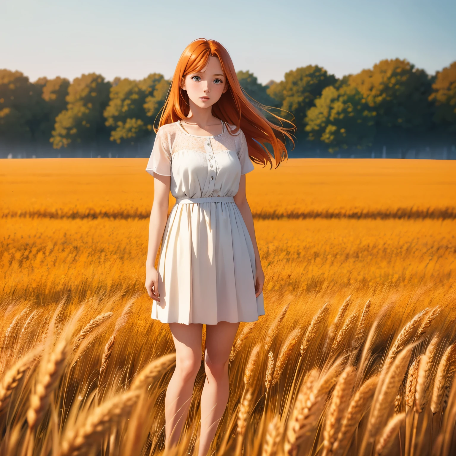 full body, portrait of cute redhead girl, standing on a wheat field, bloom, orange fog, motion, wispy hair, realism, high-quality rendering, stunning art, high quality, film grain, Fujifilm XT3, dreamy, acne, freckled, blemish, 85mm, nikkor, fuji provia, fuji portra