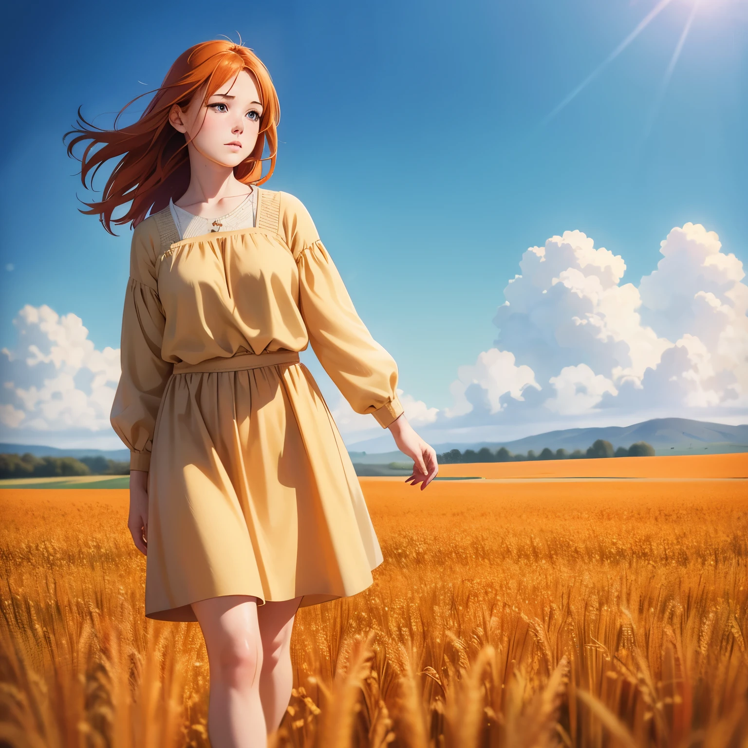 full body, portrait of cute redhead girl, standing on a wheat field, bloom, orange fog, motion, wispy hair, realism, high-quality rendering, stunning art, high quality, film grain, Fujifilm XT3, dreamy, acne, freckled, blemish, 85mm, nikkor, fuji provia, fuji portra