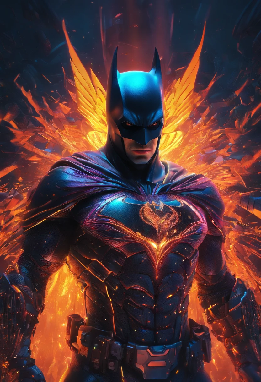 Batman like Cosmic Fallen Angel, glowing light eyes, Biomechanical, eerie, Creepy, nightmarish, Very bright colors, Light particles, with light glowing, Mshiff, wallpaper art, UHD wallpaper