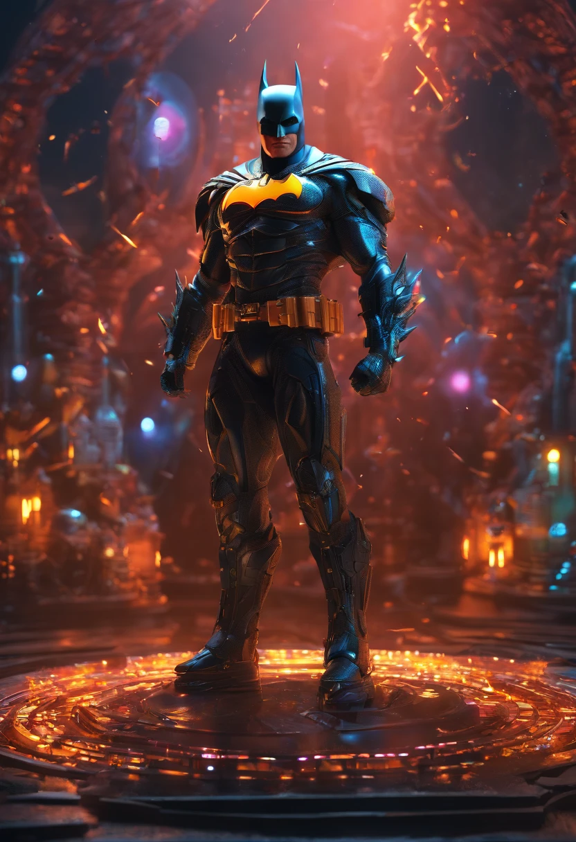 Batman like Cosmic Fallen Angel, glowing light eyes, Biomechanical, eerie, Creepy, nightmarish, Very bright colors, Light particles, with light glowing, Mshiff, wallpaper art, UHD wallpaper