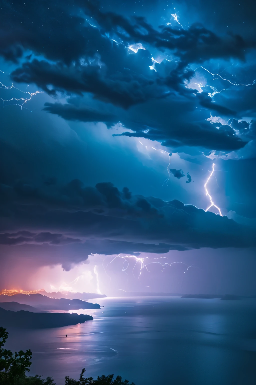 Bright sky with storm full of lightning and thunder at night