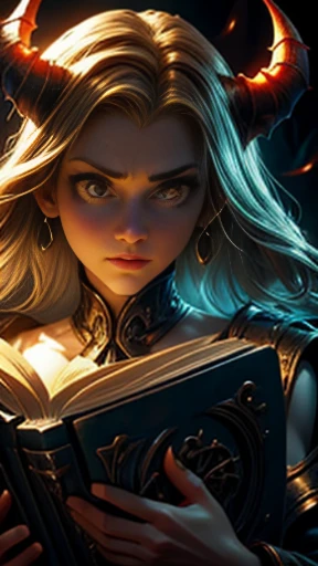 ((obra-prima)), ((melhor qualidade)), ((cinematic lighting): 1.0), ((medium close-up): 1.0)uma bruxa, (cabelo branco: 1.0), pale skin, olhos vermelhos, holding an open grimoire. ((Behind her, various demonic creatures look at the book, preparing to leave your hellish prison): 1.2), ((several demons): 1.2)