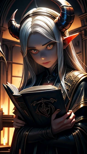 ((obra-prima)), ((melhor qualidade)), ((cinematic lighting): 1.0), ((medium close-up): 1.0)uma bruxa, (cabelo branco: 1.0), pale skin, olhos vermelhos, holding an open grimoire. ((Behind her, various demonic creatures look at the book, preparing to leave your hellish prison): 1.2), ((several demons): 1.2)