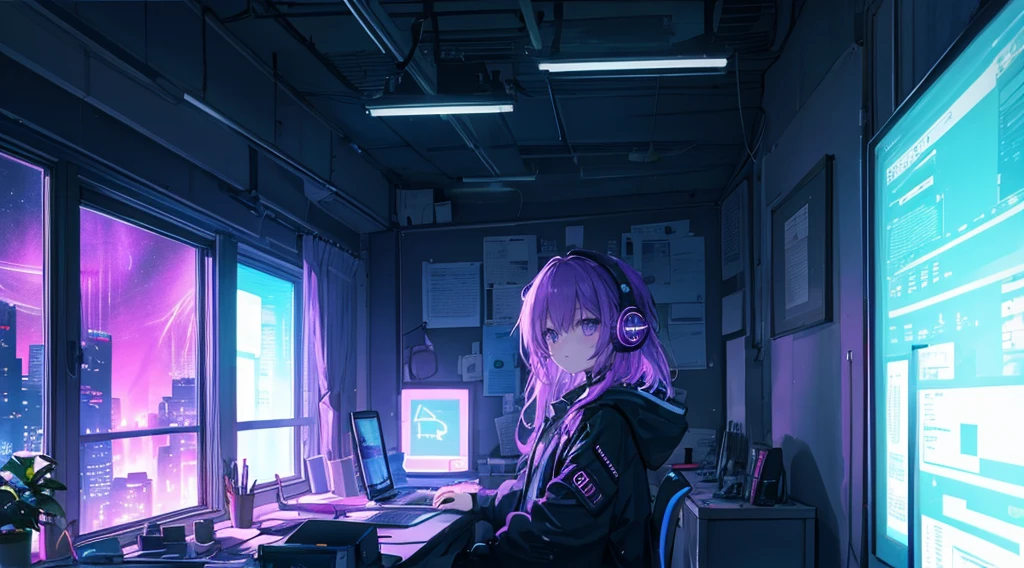 Neon lights on the windowsill shine at night、Woman living alone is studying at desk on left side wearing headphones。In the corner of the room, The scenery is enveloped in the silence of the late night.、The beauty of the universe that spreads out beyond the window glass spreads out before your eyes.。There was no one but her
Cyberpunk
Neon lights illuminate the room fantastically。The color is purple