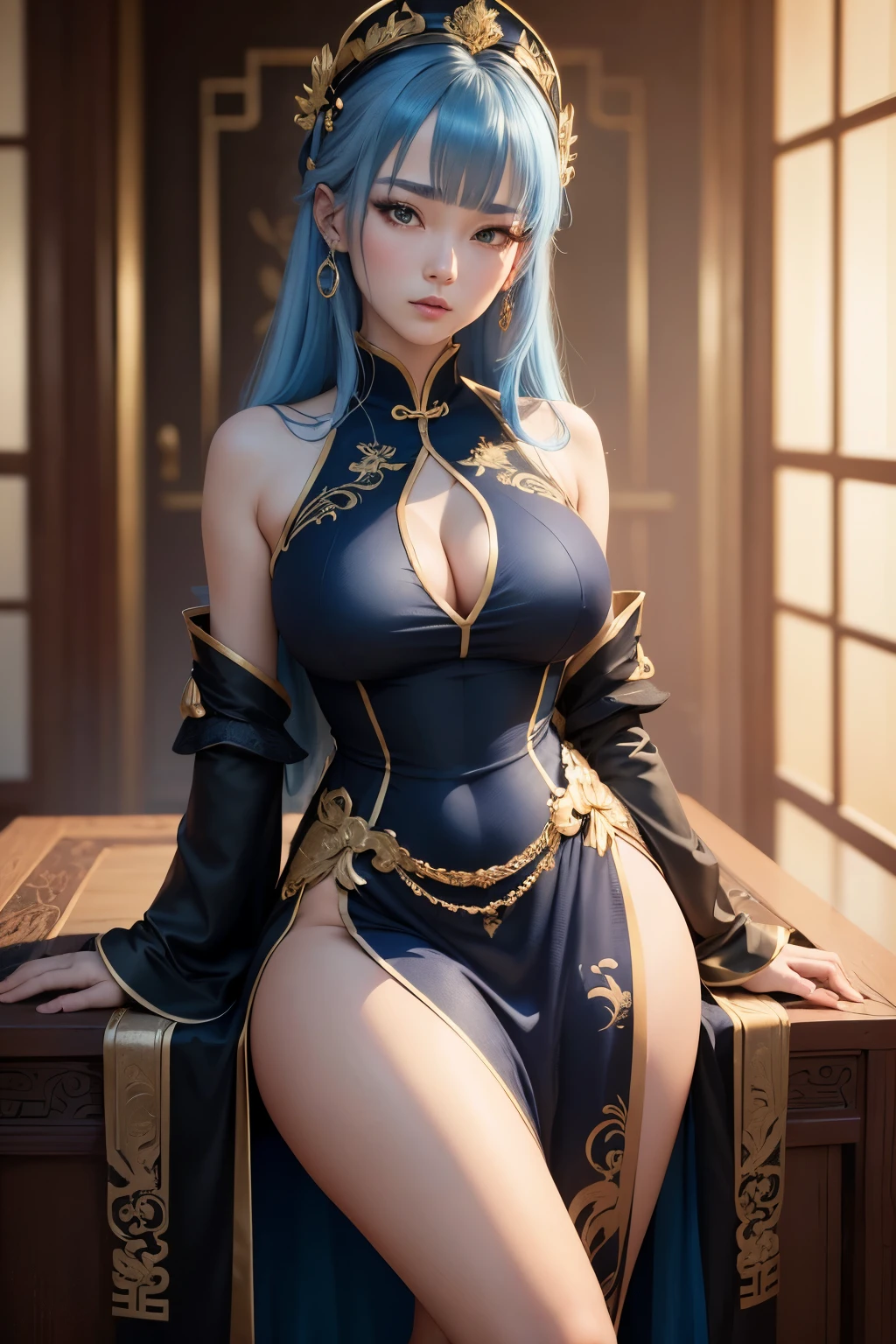 (masterpiece, best quality), (absurdres:1.2), (ultra detailed, 8K, ultra highres:1.2), chinese princess, blue hair hair, golden eyes, tight black and gold chinese dress, sleeveless, modest dressing, sexy fit