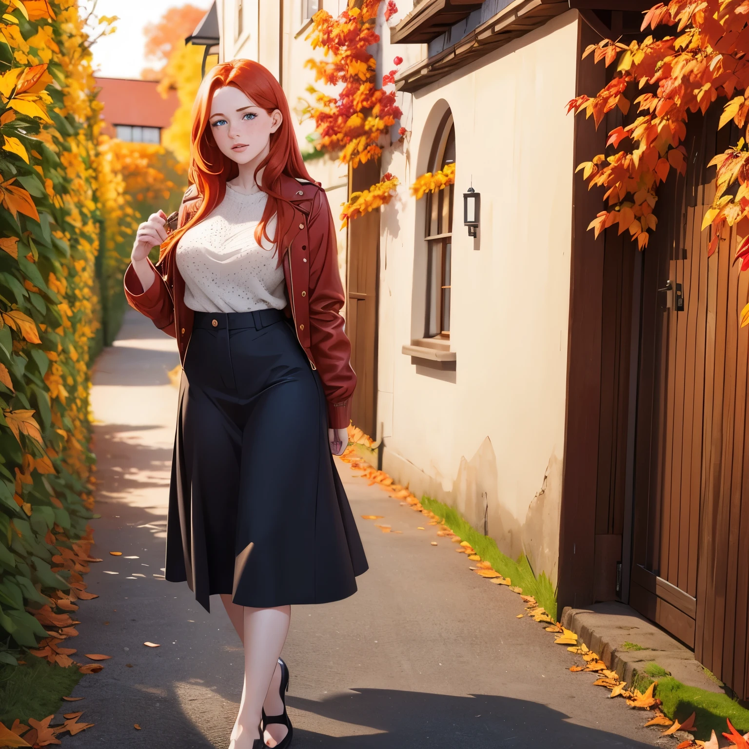 full body picture of woman with long red hair, at a vineyard halloween, fall, fall clothes, with wine, ginger hair with freckles, red hair and freckles, hint of freckles, very light freckles, woman with freckles, light cute freckles, elegant freckles, with freckles, light freckles, freckles, thin lustrous auburn hair, red hair and attractive features, cute freckles, ellie bamber, soft freckles, soft blue eyes.